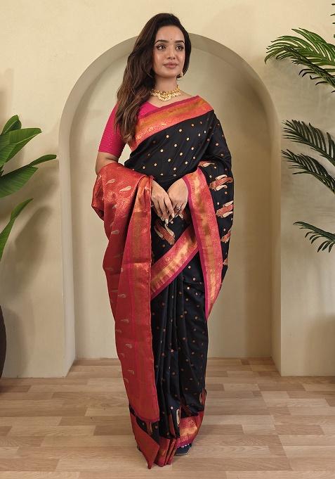 Black Weaving Silk Saree Set