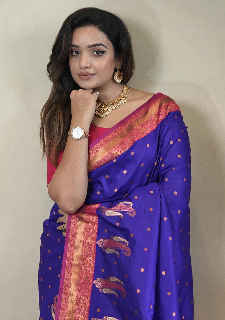 Violet Weaving Silk Saree Set - Indya