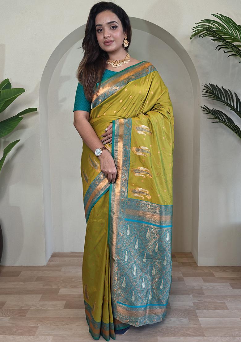 Lemon Yellow Weaving Silk Saree Set - Indya