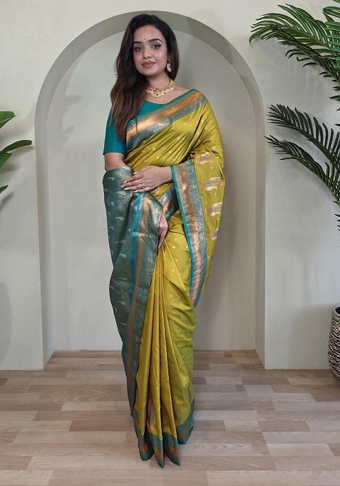 Lemon Yellow Weaving Silk Saree Set