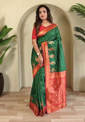 Green Weaving Silk Saree Set