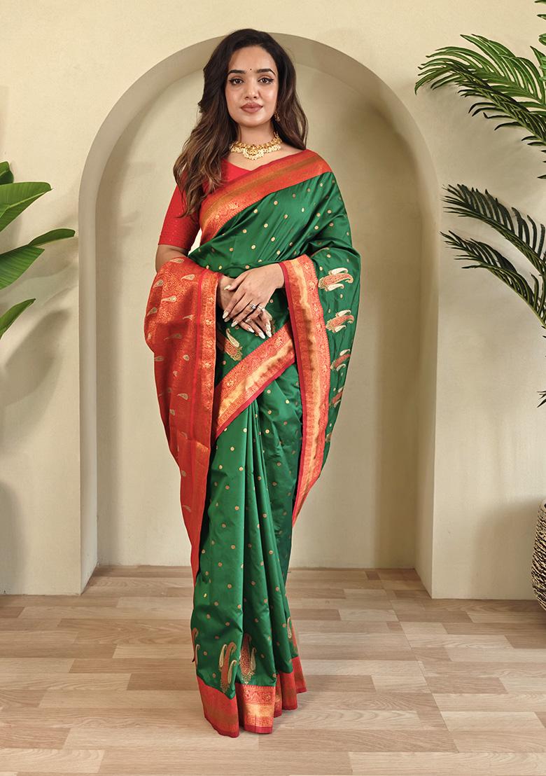 Green Weaving Silk Saree Set - Indya