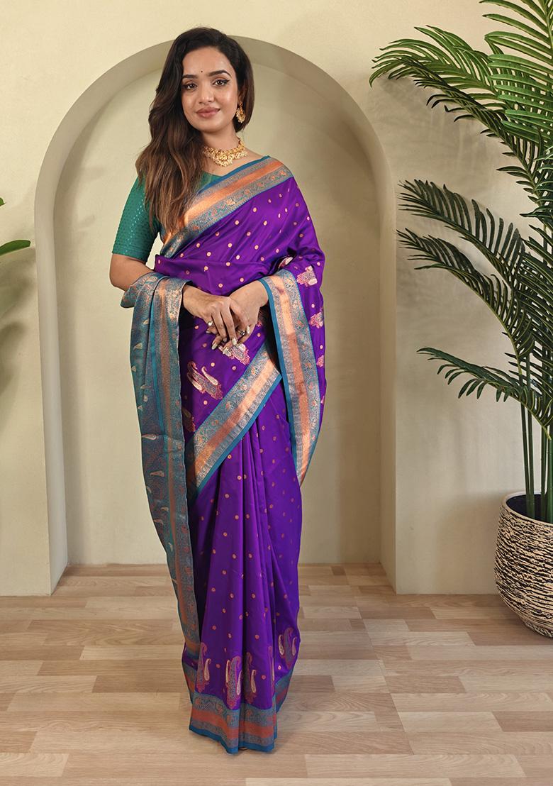 Purple Weaving Silk Saree Set - Indya