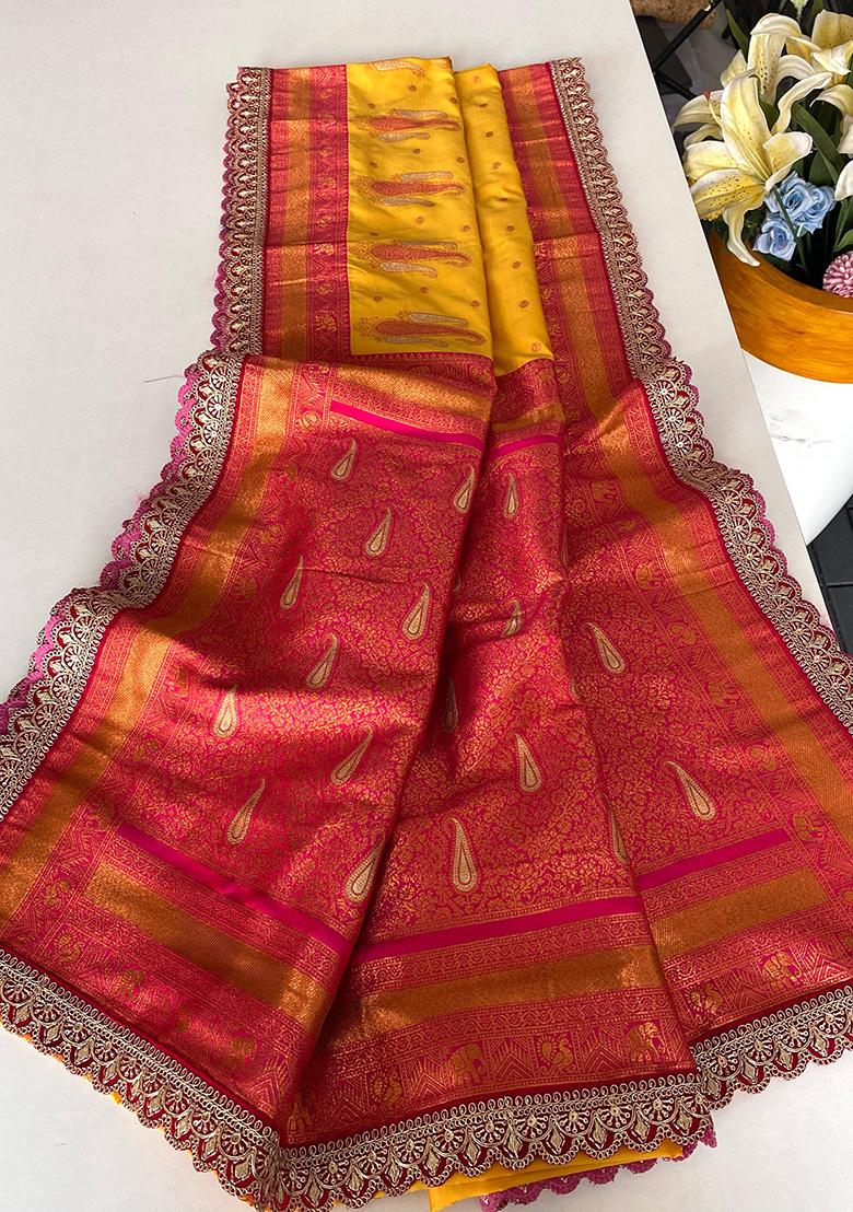 Yellow Weaving Silk Saree Set - Indya