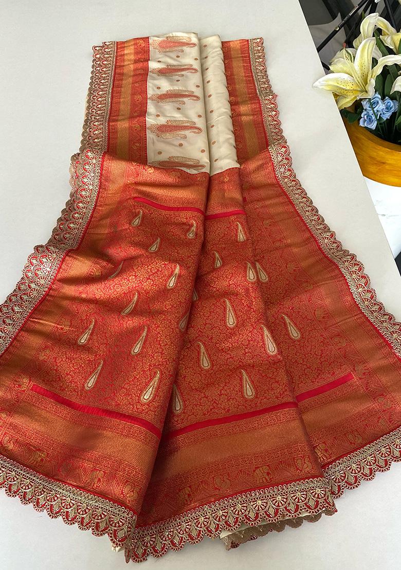 White Weaving Silk Saree Set - Indya