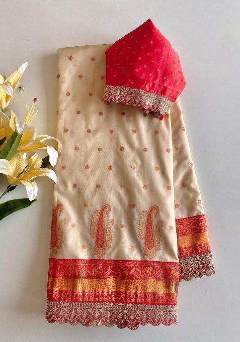 White Weaving Silk Saree Set