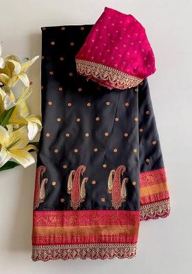 Black Weaving Silk Saree Set