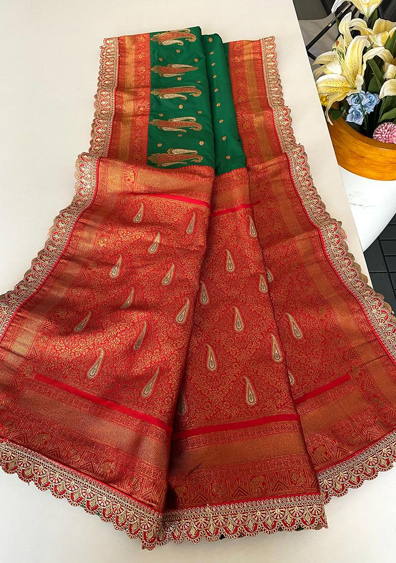 Green Weaving Silk Saree Set - Indya