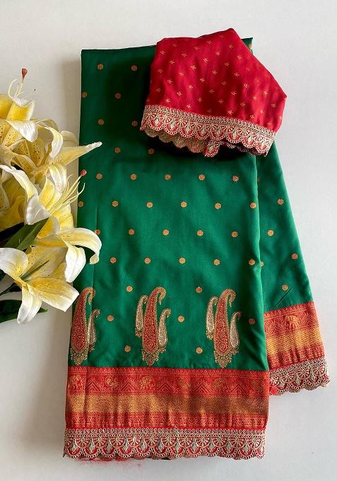 Green Weaving Silk Saree Set