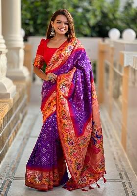 Purple Woven Work Silk Saree Set