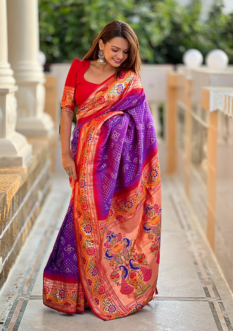 Purple Woven Work Silk Saree Set - Indya