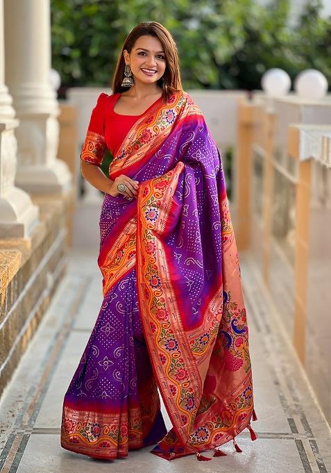 Purple Woven Work Silk Saree Set