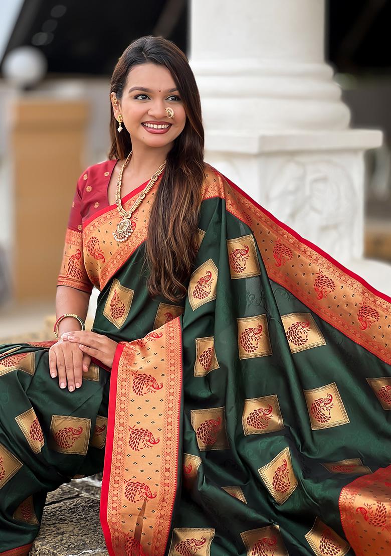 Bottle Green Woven Work Silk Saree Set - Indya