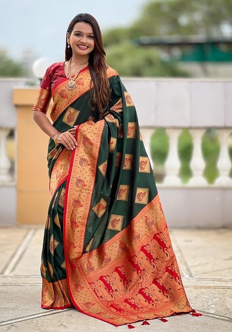 Bottle Green Woven Work Silk Saree Set