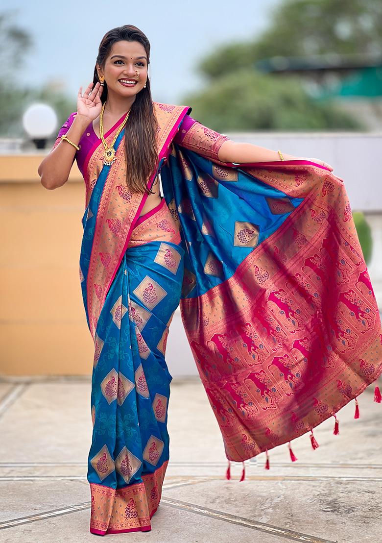 Firozi Woven Work Silk Saree Set - Indya