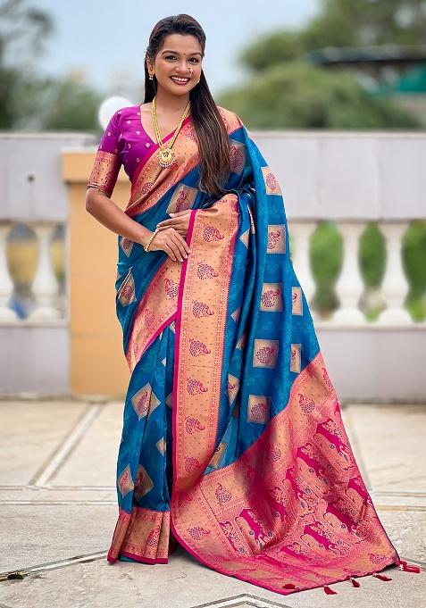 Firozi Woven Work Silk Saree Set