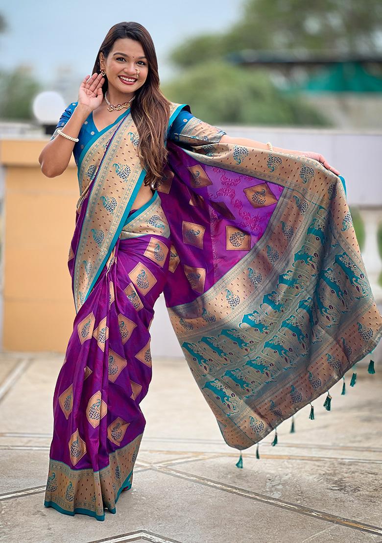 Magenta Woven Work Silk Saree Set - Indya