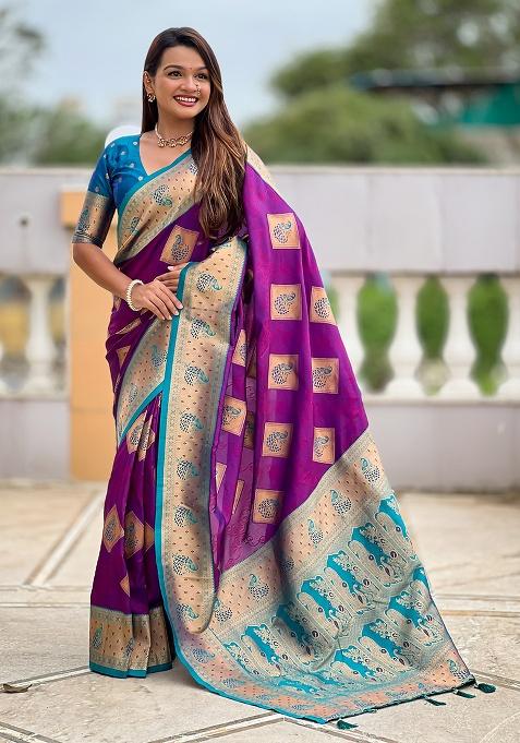 Magenta Woven Work Silk Saree Set