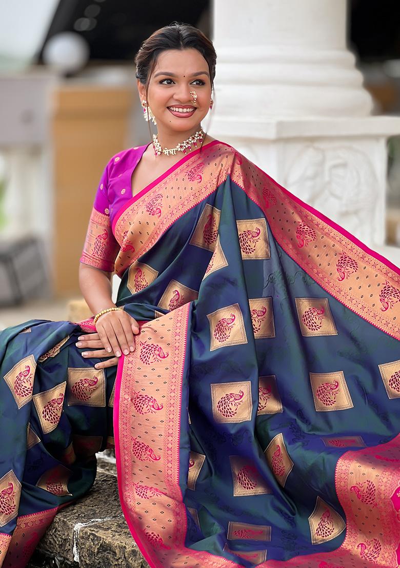 Morpeach Woven Work Silk Saree Set - Indya