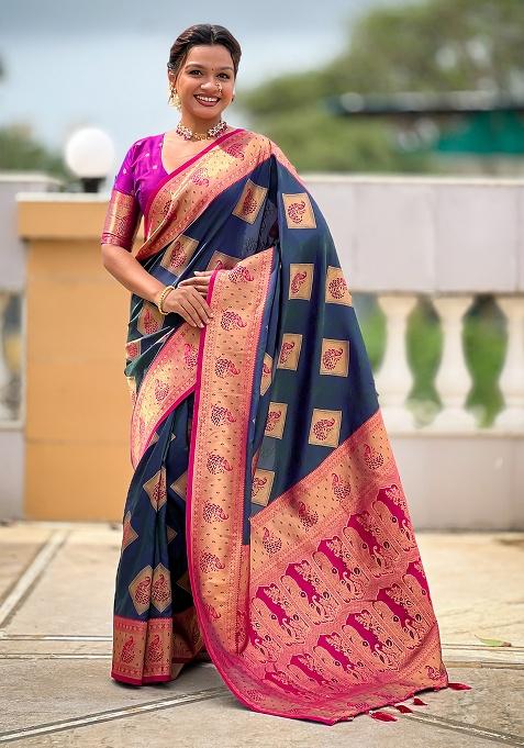 Morpeach Woven Work Silk Saree Set