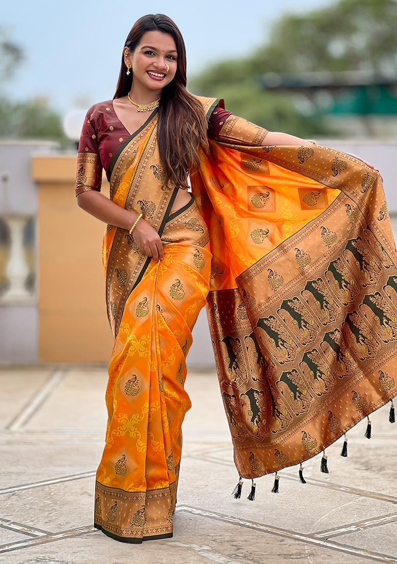 Mustard Orange Woven Work Silk Saree Set - Indya