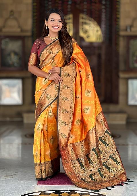 Mustard Orange Woven Work Silk Saree Set