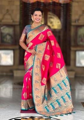 Rani Pink Woven Work Silk Saree Set
