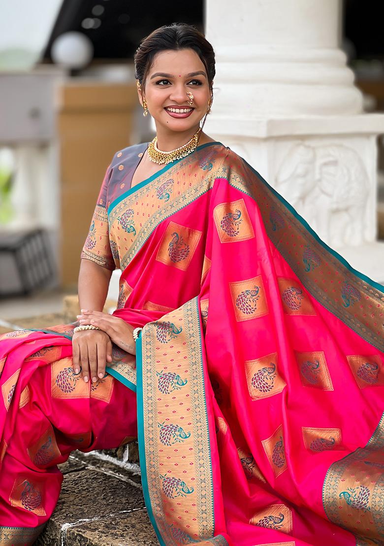 Rani Pink Woven Work Silk Saree Set - Indya