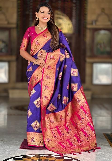 Violet Woven Work Silk Saree Set