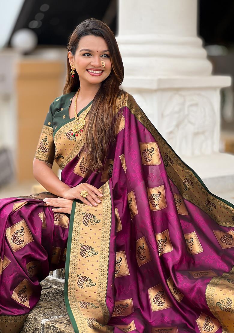 Wine Woven Work Silk Saree Set - Indya