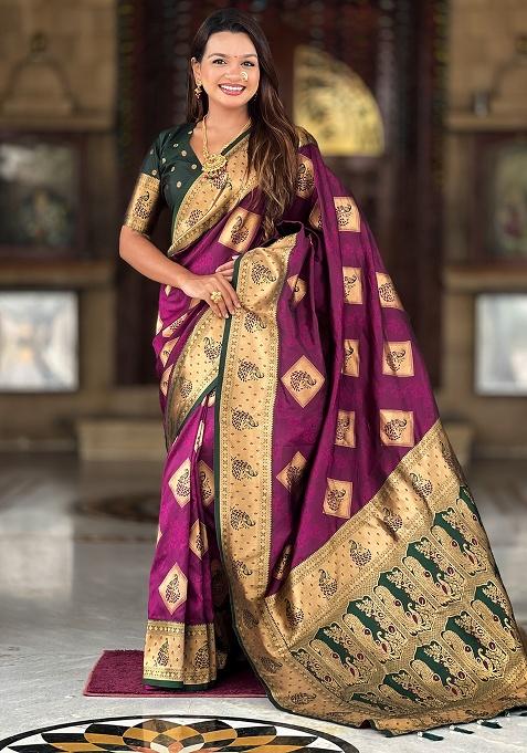 Wine Woven Work Silk Saree Set