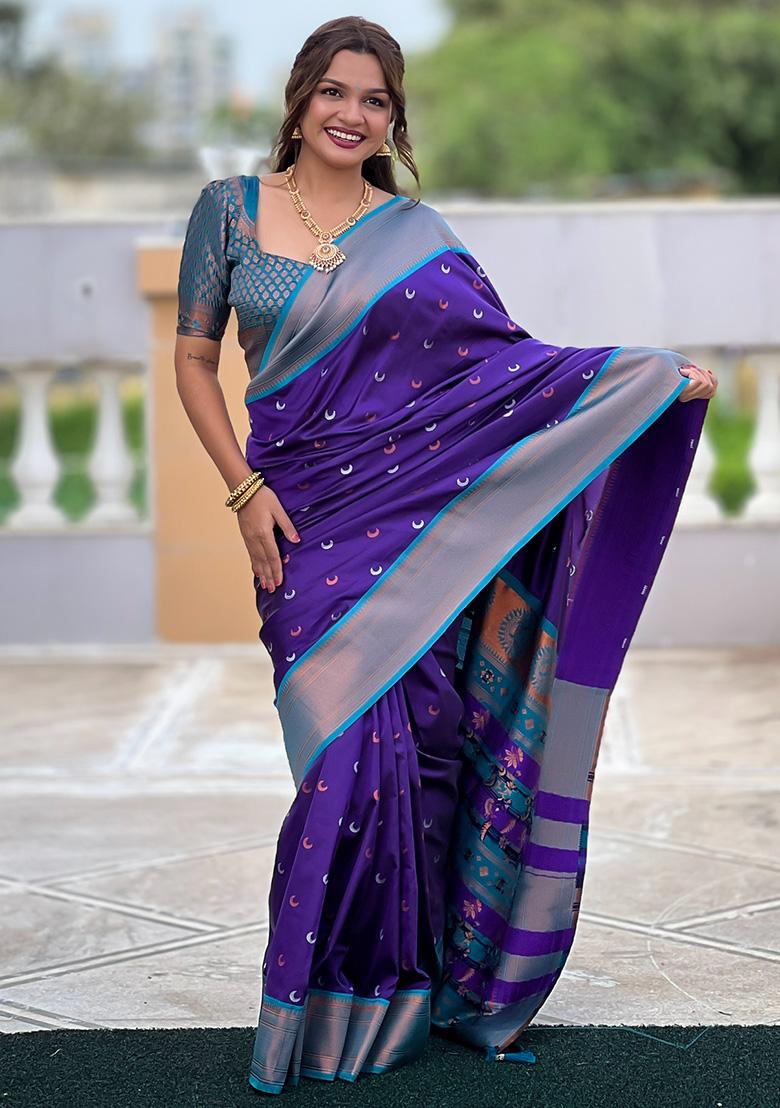 Purple Woven Work Silk Saree Set - Indya