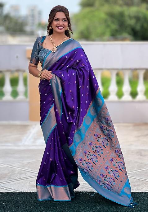 Purple Woven Work Silk Saree Set