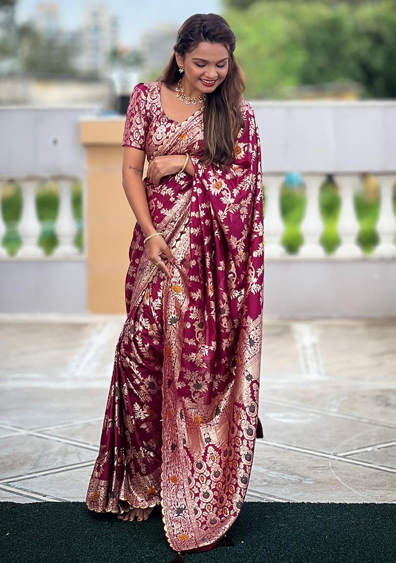 Wine Woven Work Silk Saree Set - Indya