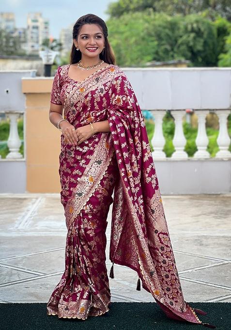 Wine Woven Work Silk Saree Set