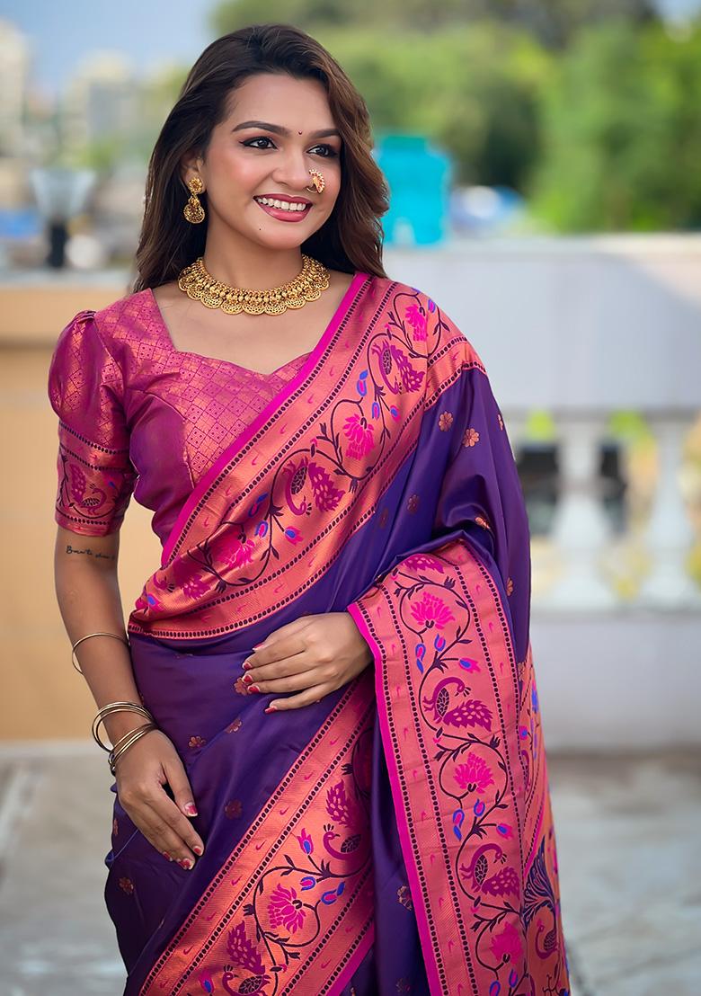 Purple Woven Work Silk Saree Set - Indya
