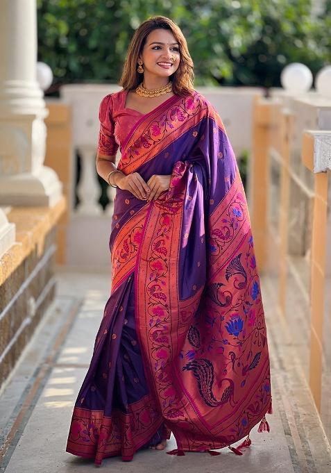 Purple Woven Work Silk Saree Set