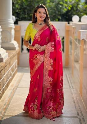 Rani Pink Woven Work Silk Saree Set