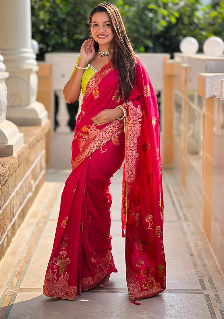 Rani Pink Woven Work Silk Saree Set - Indya
