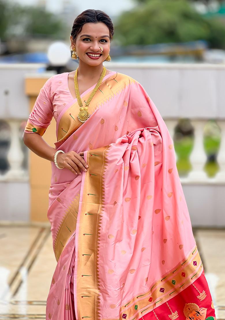Baby Pink Woven Work Silk Saree Set - Indya