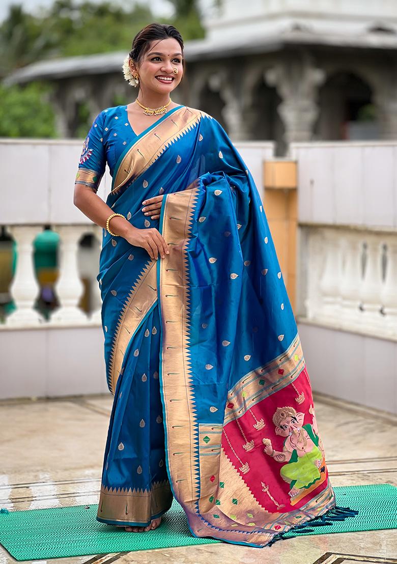 Firozi Woven Work Silk Saree Set - Indya