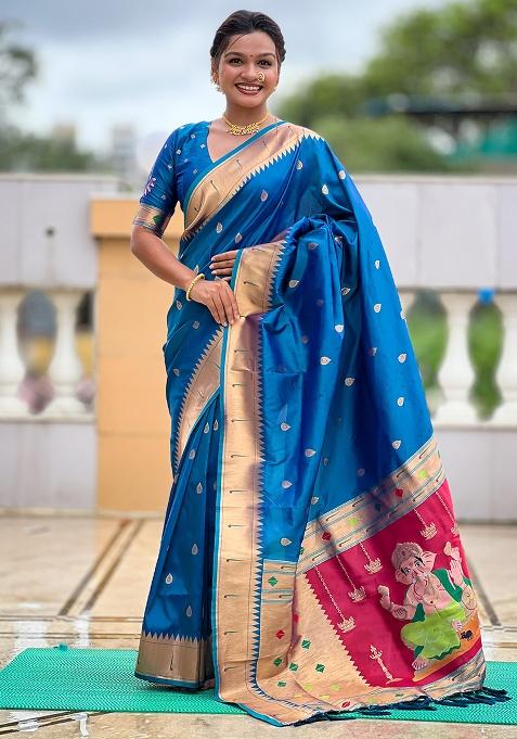 Firozi Woven Work Silk Saree Set