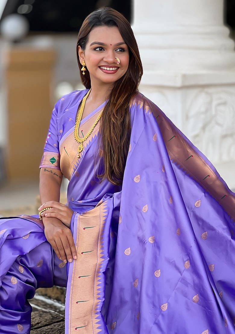 Lavender Woven Work Silk Saree Set - Indya