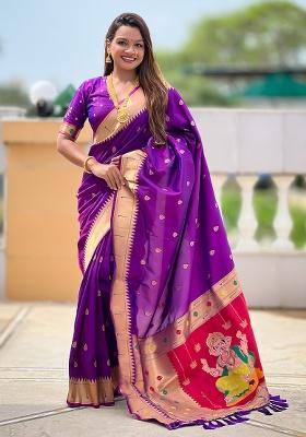 Magenta Woven Work Silk Saree Set