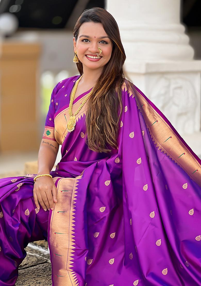 Magenta Woven Work Silk Saree Set - Indya