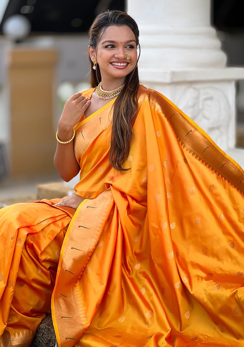 Orange Woven Work Silk Saree Set - Indya