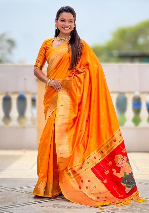 Orange Woven Work Silk Saree Set