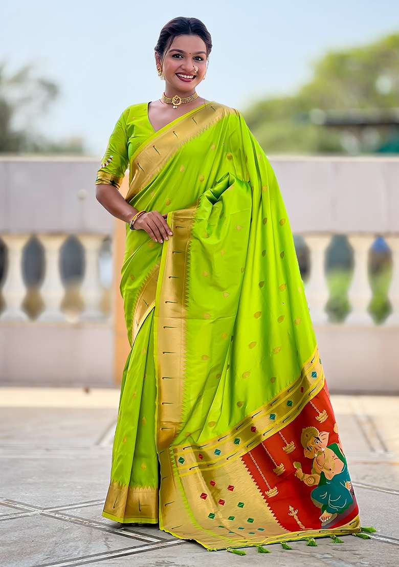 Parrot Green Woven Work Silk Blend Saree Set for Diwali | Wedding & Festive Wear - Indya
