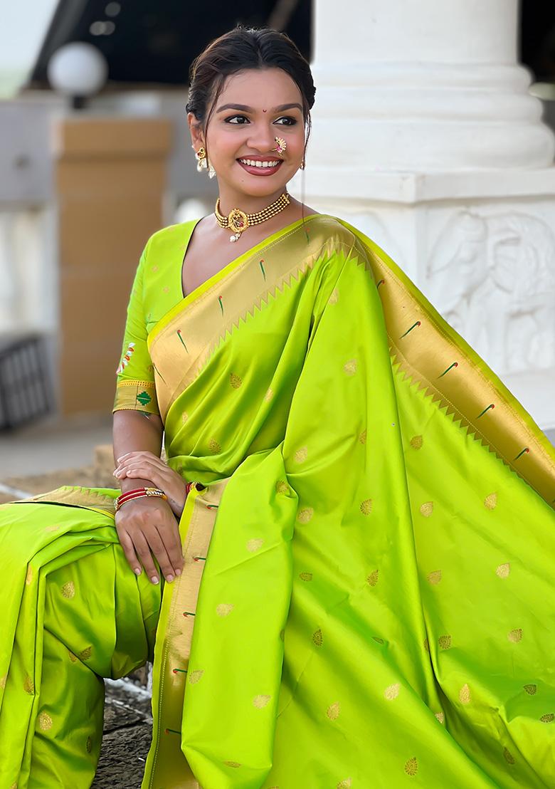 Parrot Green Woven Work Silk Saree Set - Indya
