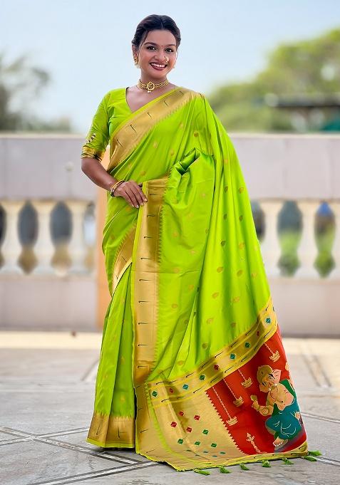 Parrot Green Woven Work Silk Saree Set